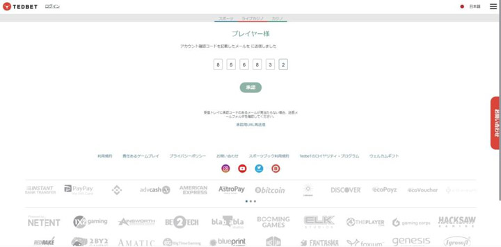 テッドベットカジノのメール認証