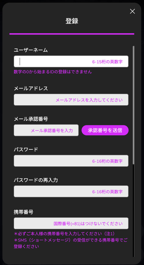 ワンダーカジノの登録フォーム
